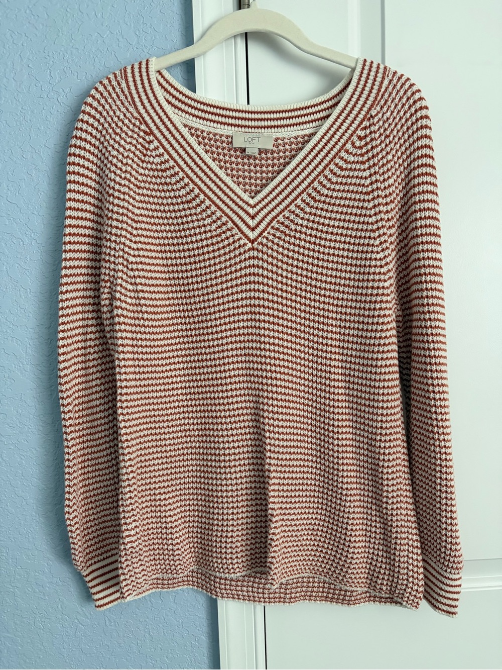 NWOT LOFT Orange and Cream V-Neck Knit Sweater